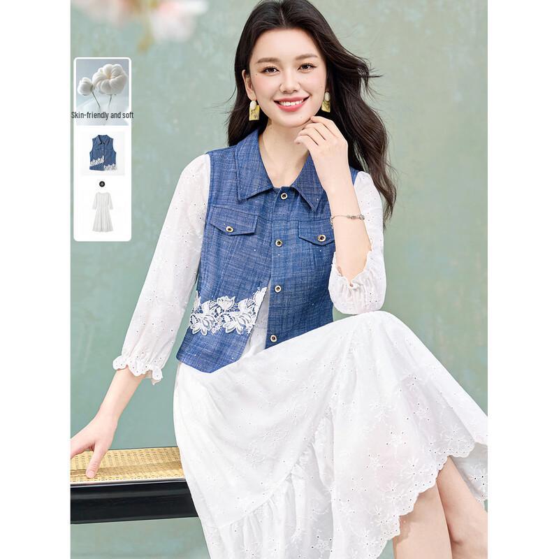 Elegant French Style Lace Patchwork Lapel Two-Piece Skirt Set L