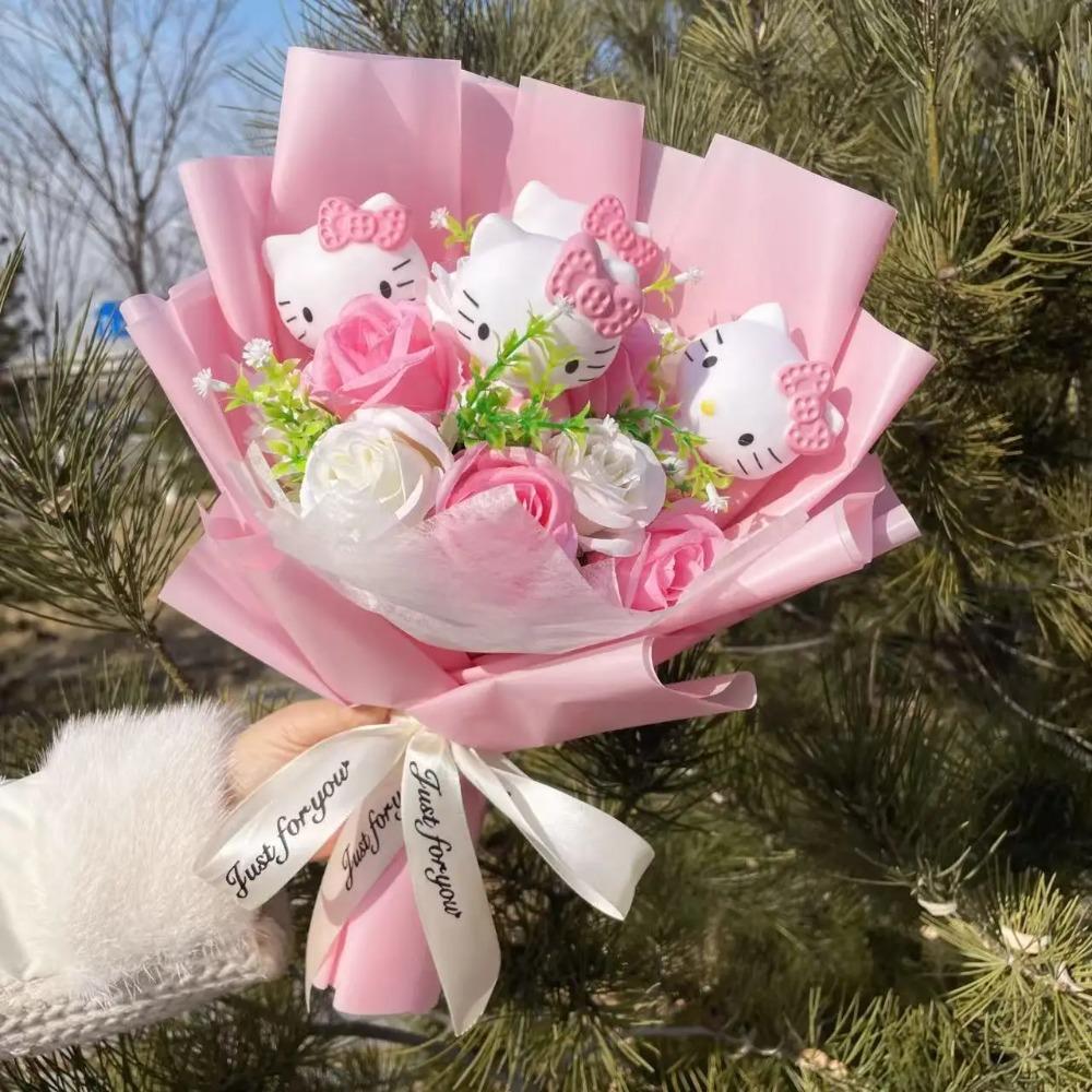 Bambole Gatto Kawaii Hello Kitty con Fiori Artificiali Bouquet Creativo Regali di Natale San Valentino Compleanno Laurea
