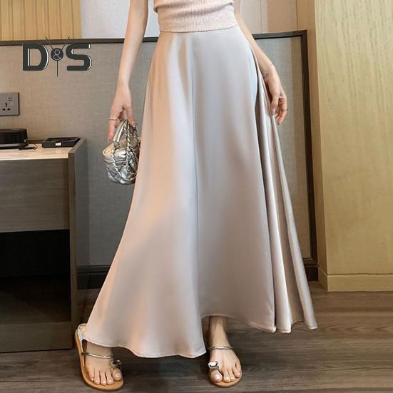 Women Fishtail Skirt High-Waisted Satin-Like Breathable Maxi Skirt Solid Color Office Skirt Work Leisure Daily Wear
