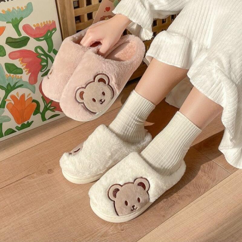 Long-sleeved teddy bear embroidered fur slippers winter fleece fur slippers Men s Black 2690₽