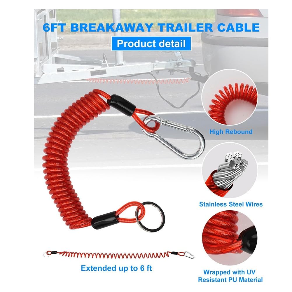 Chaksy 2pcs 6ft Breakaway Trailer Cable, Trailer Breakaway Safety Cable Spring Tow Coil Wire for RV Trailer Camper