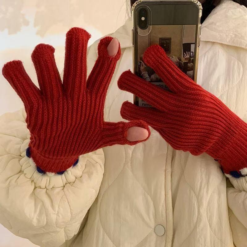 Autumn And Winter  Wool Knitted Gloves Fingerless Women'S Solid Color Warm Windproof Cycling Gloves With Touch Screen