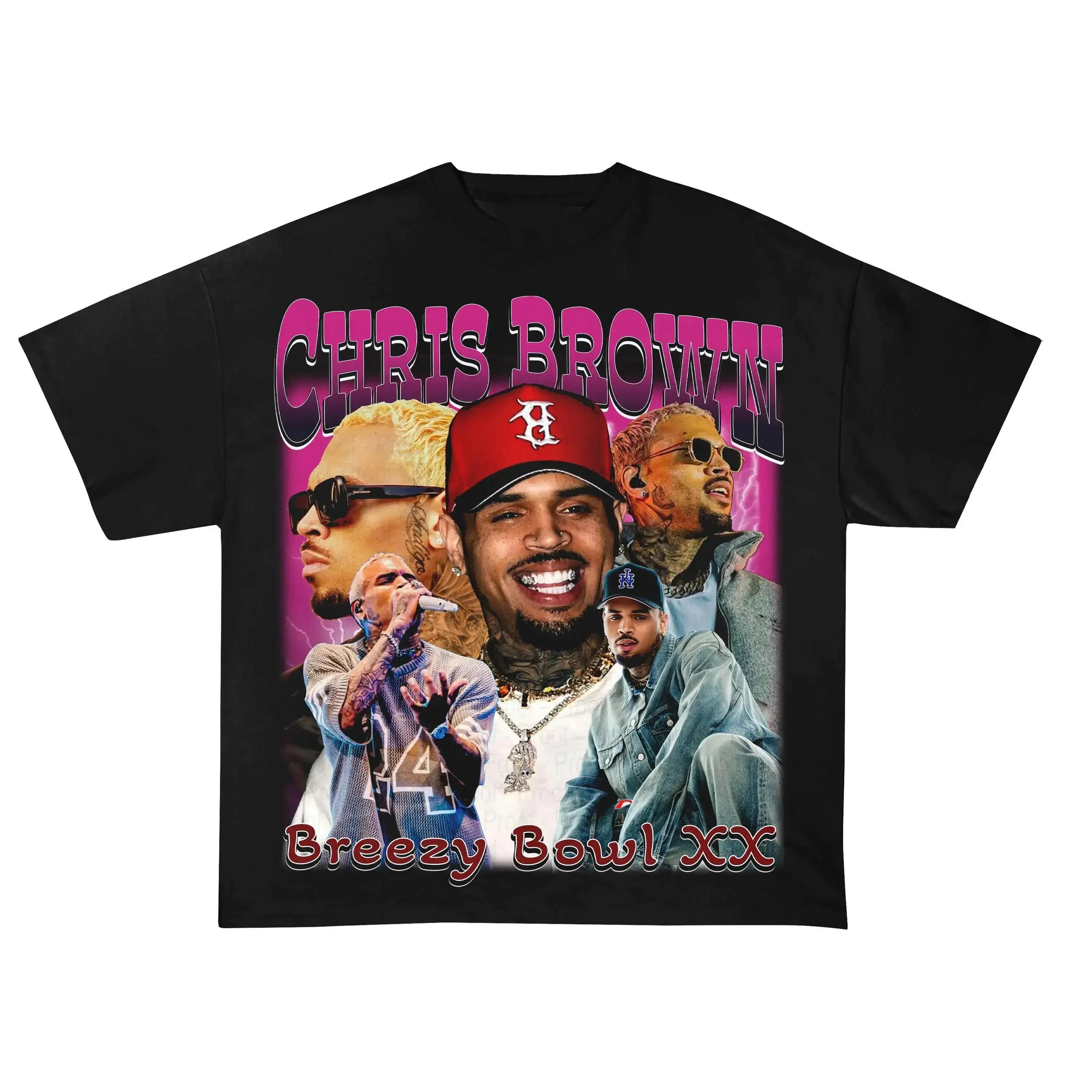 

Летняя футболка с круглым вырезом из хлопка с принтом Chris Brown Breezy Bowl XX Concert Tour, хип-хоп, мужская, большая, уличная, для активного отдыха, с коротким рукавом XL