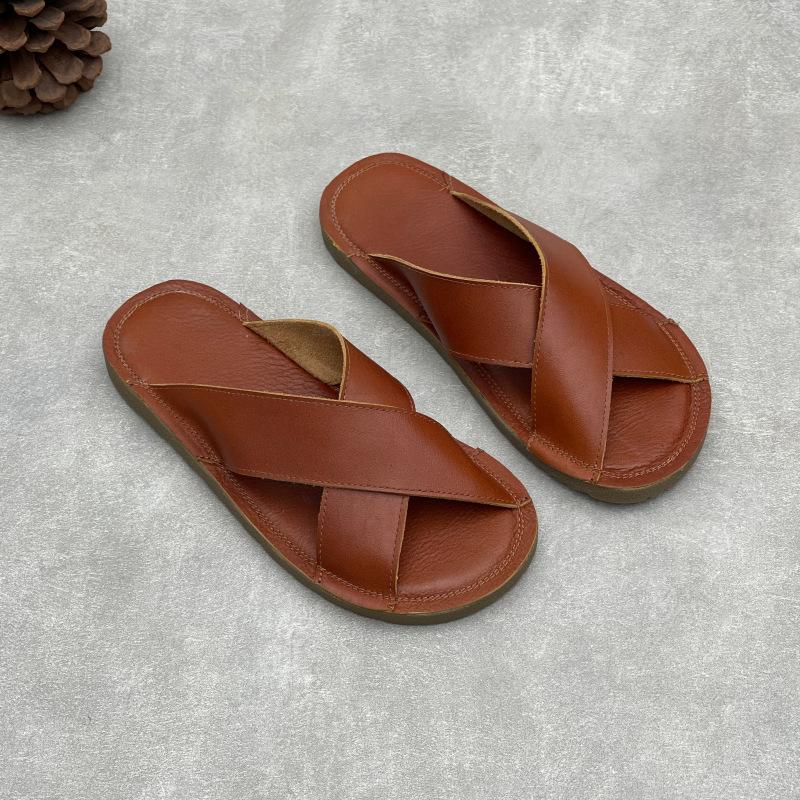 Johnature Handmade Genuine Leather Flat Slippers Soft Cowhide Soft Sole Comfortable Women's Outdoor Slides