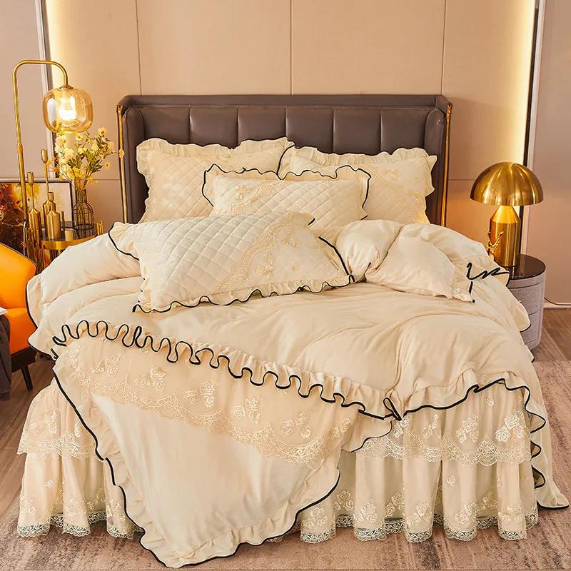 AI WINSURE-French 4pcs Bedding Set, Velvet Duvet Cover, Lace Bedspread, Queen Double King Size, Luxury, Soft Thick, for Winter