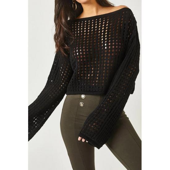 Bluză de damă spaniolă cu mâneci spaniole, guler larg, ajurata, cu găuri libere, tricotaje