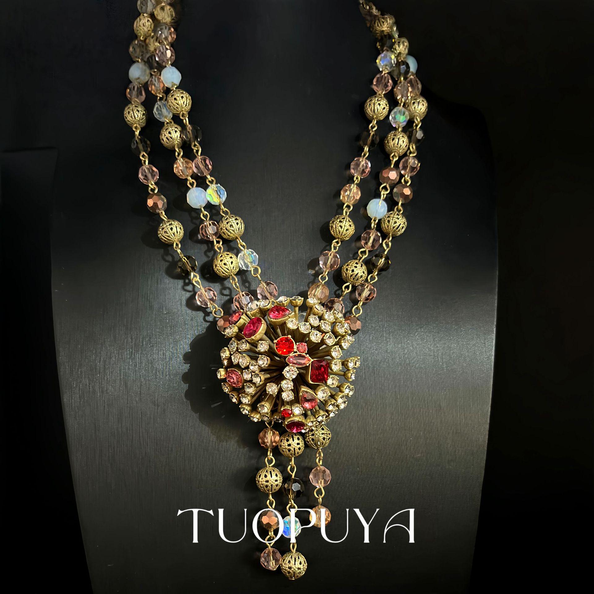 Gold Retro Layered Beaded Necklace with Rhinestone Tassel Pendant