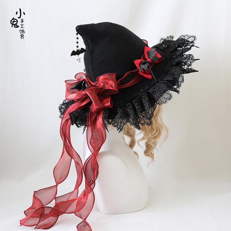 Demon Bow Tweed Lace Halloween Witch Hat Sweet and Cute Witch Hat for Women Original Lolita Witch Hats