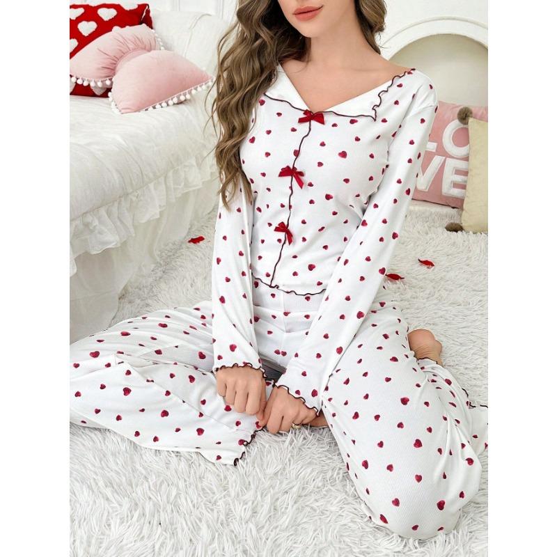 Women Heart Print Lapel Collar Long Sleeve Long Pants Two Piece Pajama Home Wear Set
