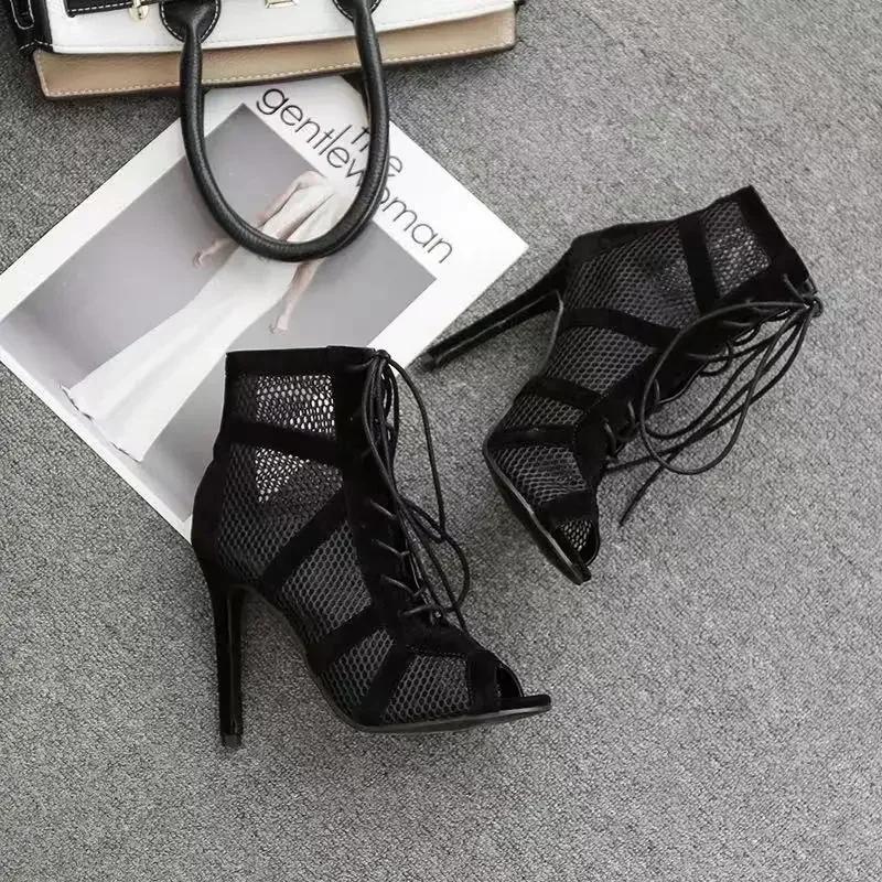 Women's High Top Dance Shoes Black Ballroom Boots Salsa Tango Shoes Girl Fashion Party Mesh Cutout High Heel Sandals Summer