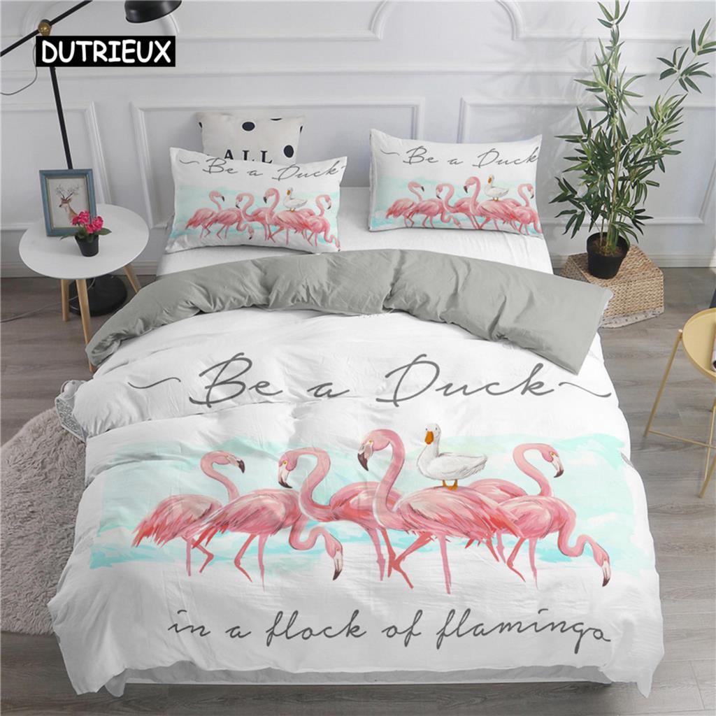 Cartoon Pink Flamingo Bedding Set Girls Kids Teens Cute Duvet Cover Set Single Twin Queen King Size 2/3pcs Polyester Quilt Cover