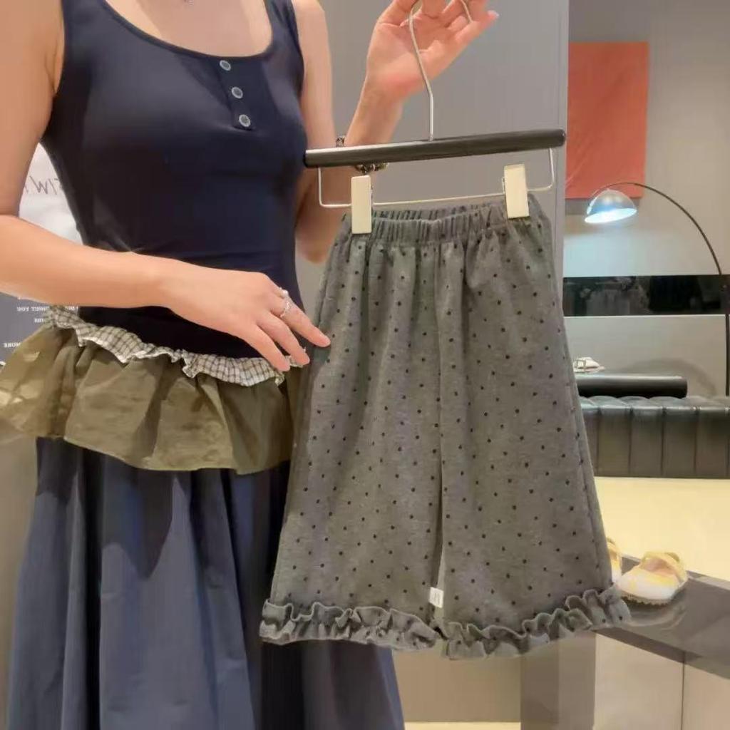 2025 Autumn Korean Style Girls' Polka Dot Lace Ruffle Wide Leg Pants - Kids' Casual Fit