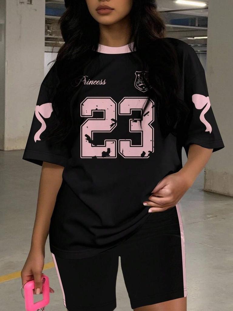1116 new casual sports style digital printing shoulder sleeve T-shirt high waist tight shorts fashion suit women