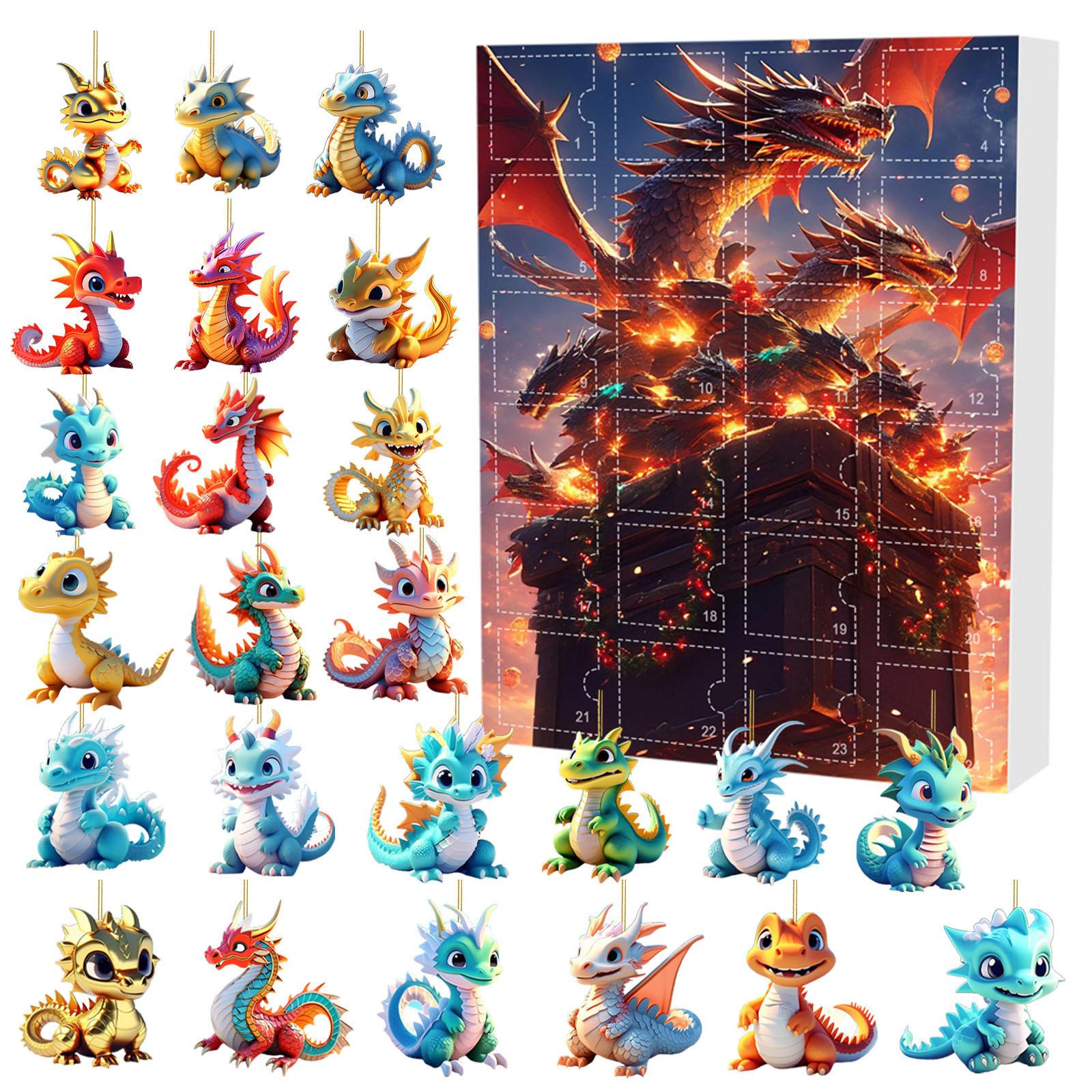 Dragon 24 Days Christmas Countdown Calendar with 2D Acrylic Dragon Ornaments Christmas Advent Calendar Xmas Countdown Calendar 10.24x7.09x1.18inch