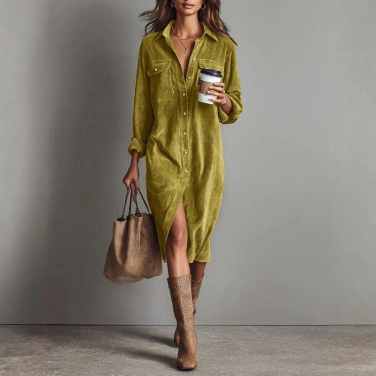 Loose Long Skirt Corduroy Long Sleeve Lapel Shirt Dress Women Casual Solid Color Fashion