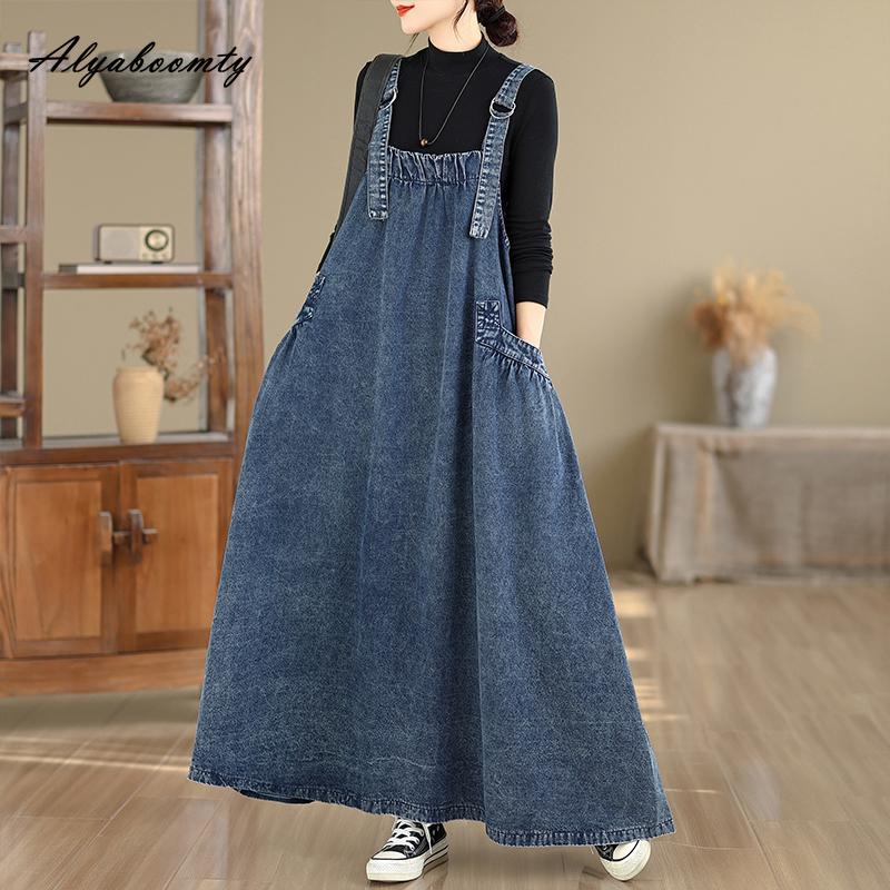 Rochie de vară toamnă din denim pentru femei, mărime mare, cu bretele spaghetti, albastră, supradimensionată, fără mâneci, casual, simplă, rochie pentru damă plus size cu buzunare