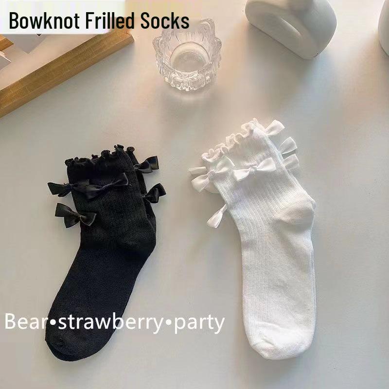 

Japanese-Style Cute Ruffle Bow Lace Mid-Calf Socks for Women and Girls - Spring/Summer One Size чорний