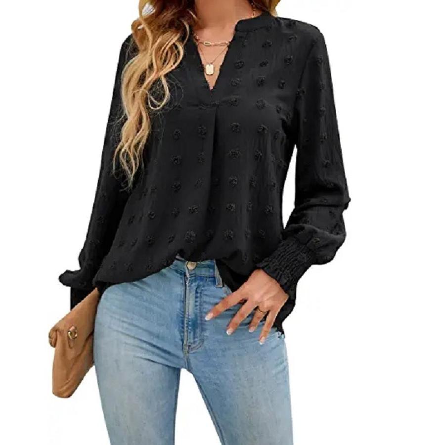 Women's Autumn New Arrivals Polka Dot Long Sleeve Bubble Sleeve V-Neck Blouse Top