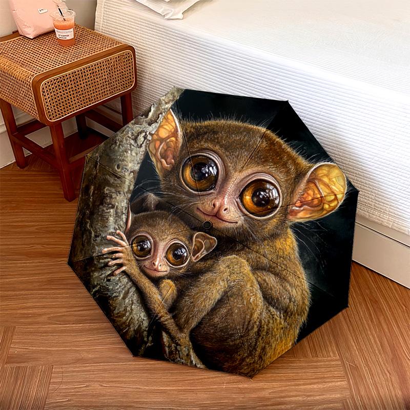 

1 PC Automatic Folding Umbrella - Tarsier Family Pattern, Portable & Foldable Design with 8 Ribs, Christmas Birthday Gifts