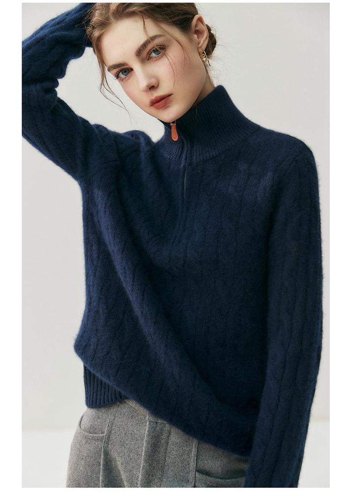 Women's High Neck Half-Zip Cable Knit Cashmere Sweater - Loose Fit, Autumn/Winter Style