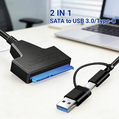SATA To USB 3.0/Type-C Adapter 2 In 1 Sata Cable 2.5/3.5 Inch SSD HDD SATA III Hard Drive Disk with 12V/2A Power Adapter