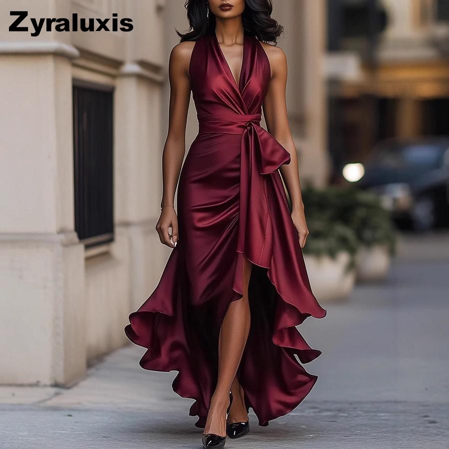 Neues Satin-V-Ausschnitt-Ärmelloses Kleid mit Taillensitz und Blumenmuster, Rüschen, für Damen