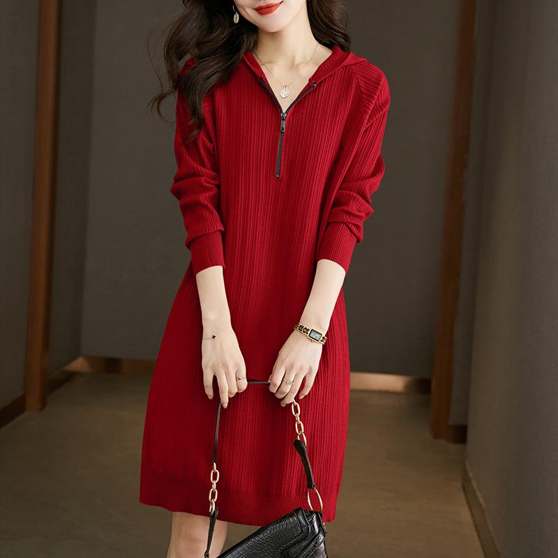 

Повседневное облегающее вязаное платье женское средней длины с капюшоном на весну и осень, новый свитер с капюшоном, свитер-низ One size бордовый