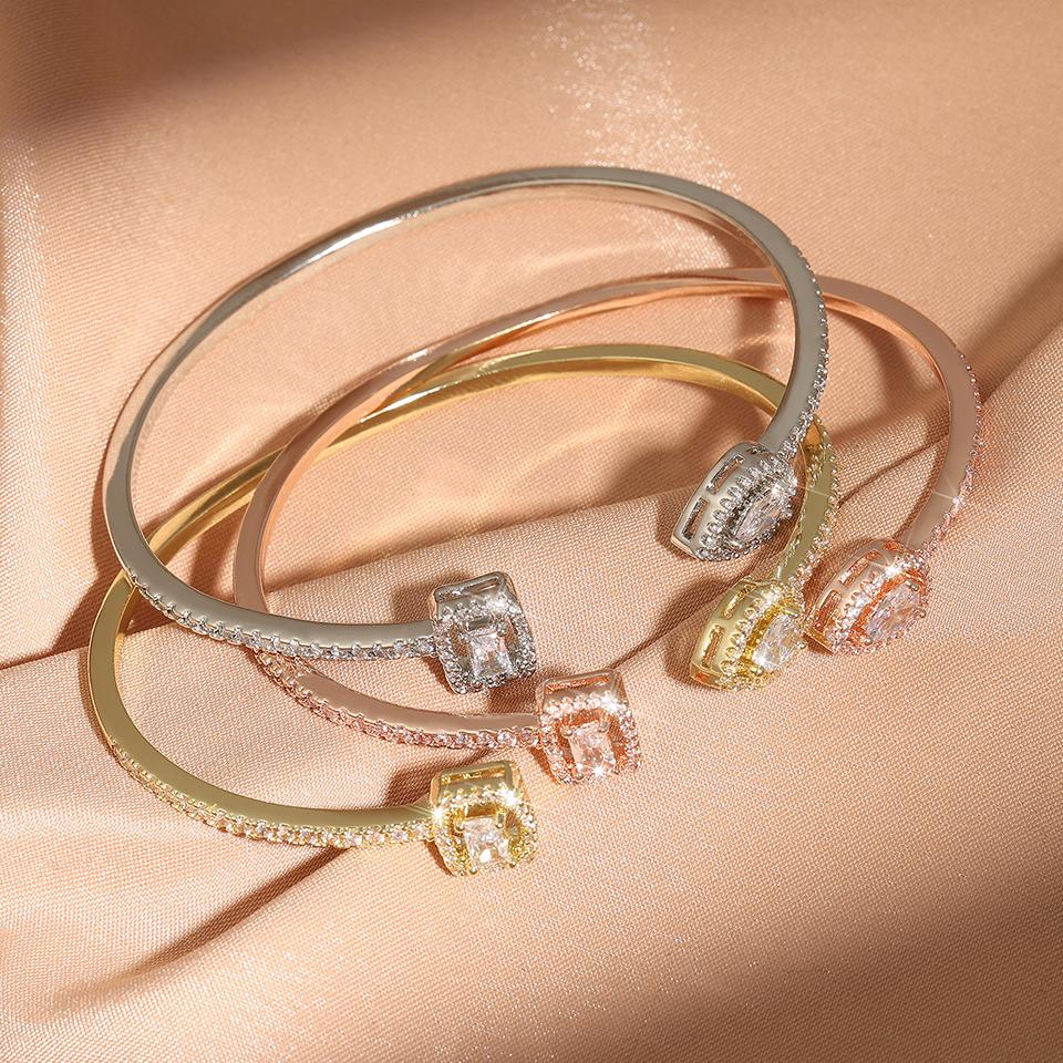 Luxury Geometry Gold Color Cuff Bangles For Women Fashion Cubic Zirconia Bracelets INS Party Everyday Jewlery.
