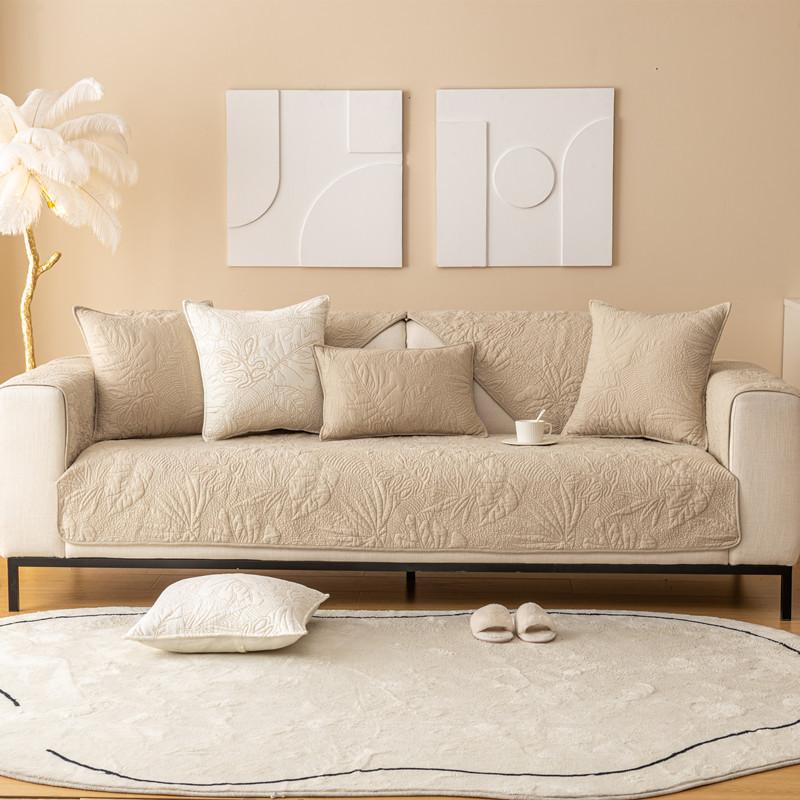 Four Seasons Universal Cotton Quilted Embroidered Leaf Sofa Cushion Solid Color Modern Non-slip Sofa Cushion Towel
