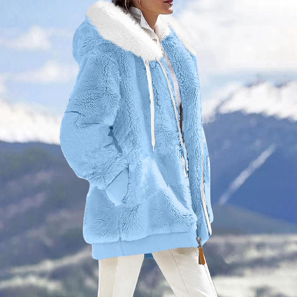 Women's Fashion Fuzzy Color Zippered Pocket Hooded Long Sleeve Loose Warm Jacket