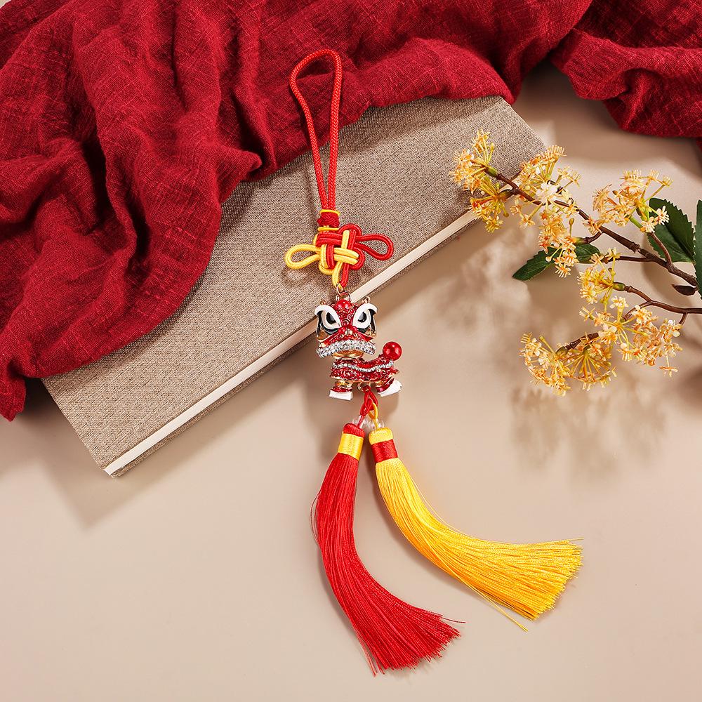 Chinese Lion Dance Car Pendant with Double Tassels and Rhinestone - Foshan Cultural Gift