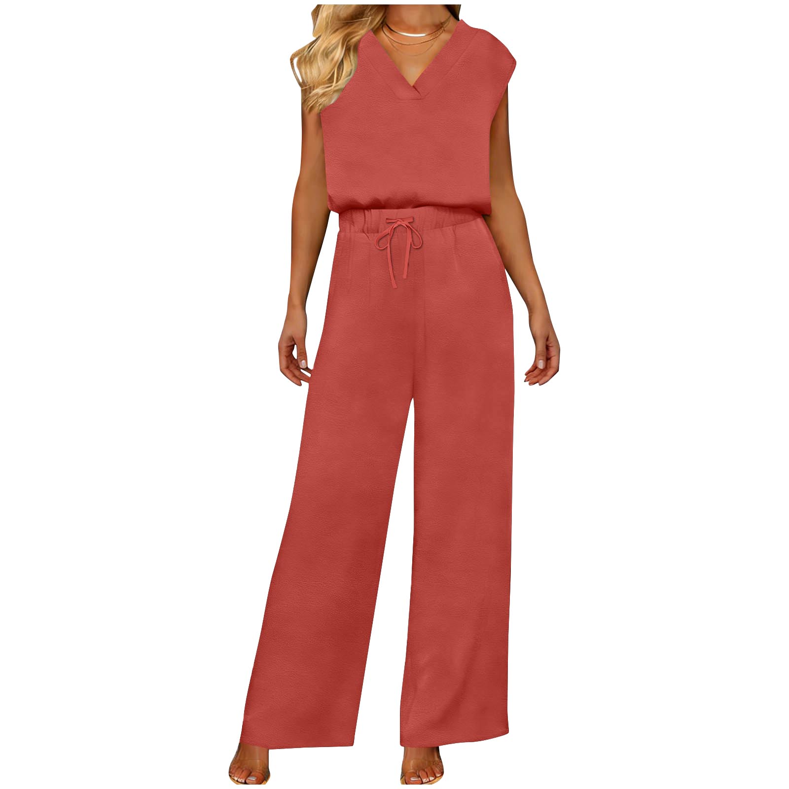 

Women s Fashionable, Casual And Comfortable Plain V-neck Tank Top And Trousers Two-Piece Set L винный