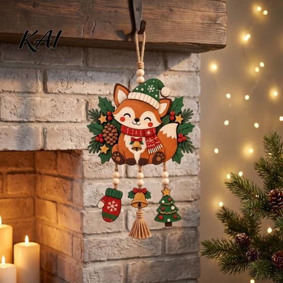 Holiday Party Supplies Christmas Fox Hanging Ornament, Wooden Cute Pendant with Glove Bell Tree Festive Decoration Charms, for Door Mantel Tree,