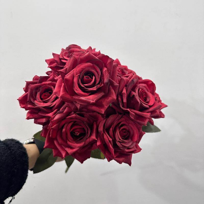 9 Heads Silk Cloth Burnt Orange Rose Bouquet for Wedding Home Party Christmas Decoration Bouquet Artificial Decorative Flowers