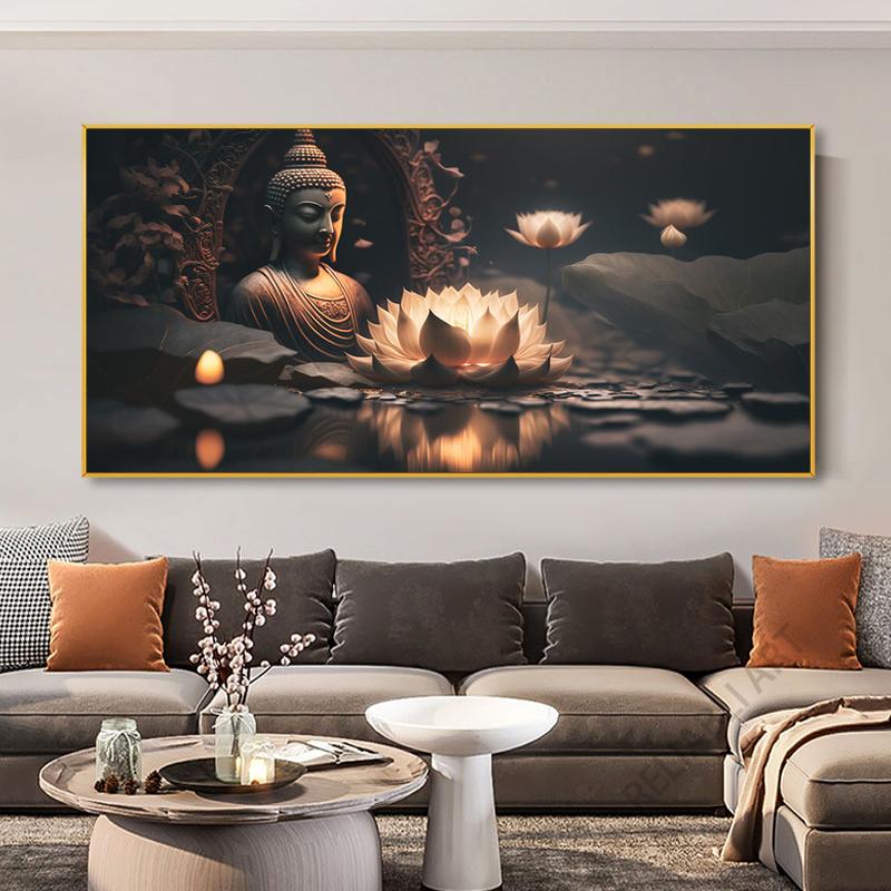 Abstrakcyjny posąg Buddy i kwiat lotosu obraz na płótnie Wall Art religia buddyzm zdjęcia HD do dekoracji ścian salonu Quadro