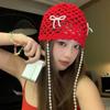 Hollow Out Bow Pearl Beanies Bohemian Style Knit Cap Cute Ethnic Style Hat  Outdoor