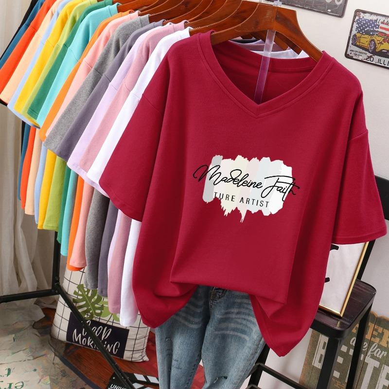 

Футболка с коротким рукавом, Свободного кроя, Приталенный топ с V-образным вырезом с принтом для женщин XL бордовый