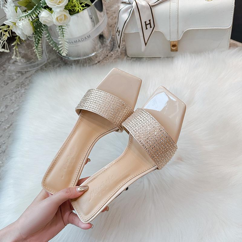 2025 Summer New Poplar Forest Rhinestone Square Head High Heels Sexy Thin Heel with Roman Cool Slippers Women