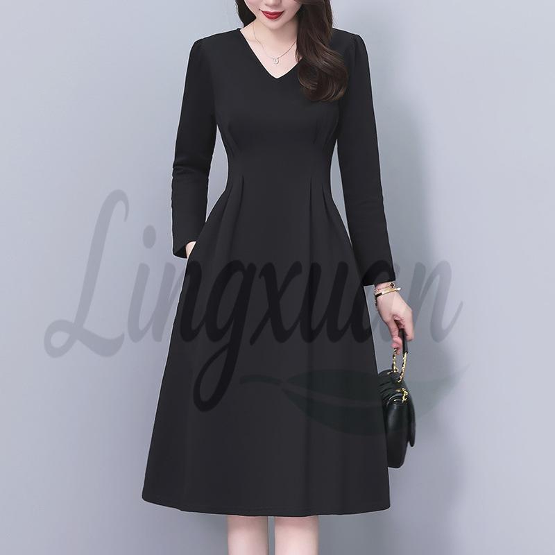 

Elegant Black V-Neck Plus-Size Long-Sleeve Dress for Spring and Autumn Extra Large чёрный