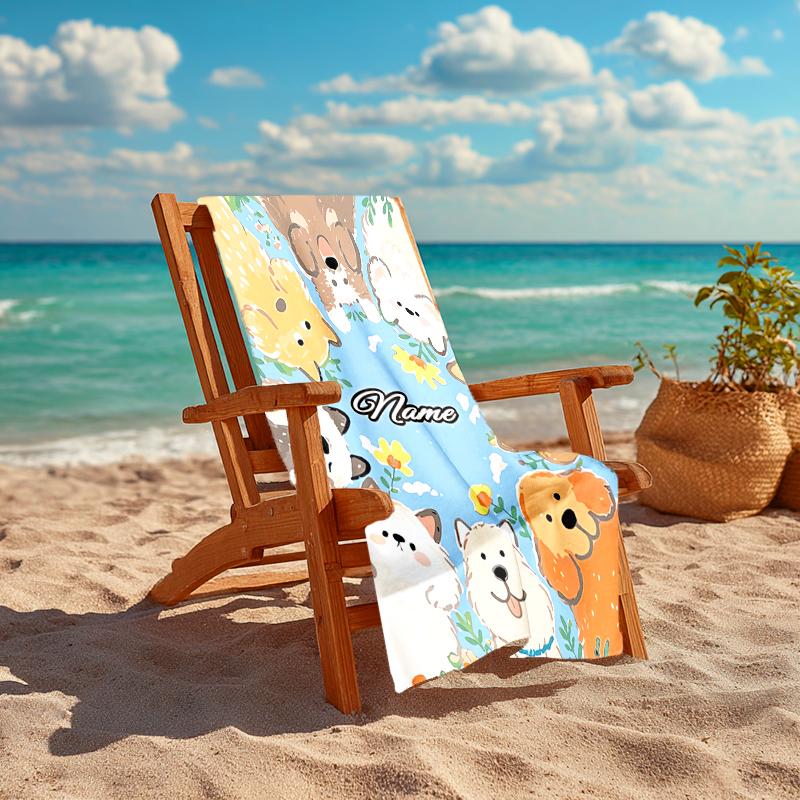 1PC Custom Name Puppy Party Blue Background Beach Towel Highly Absorbent And Sand-Resistant Towel for Swimming, Pool, Yoga, And Travel Lightweight