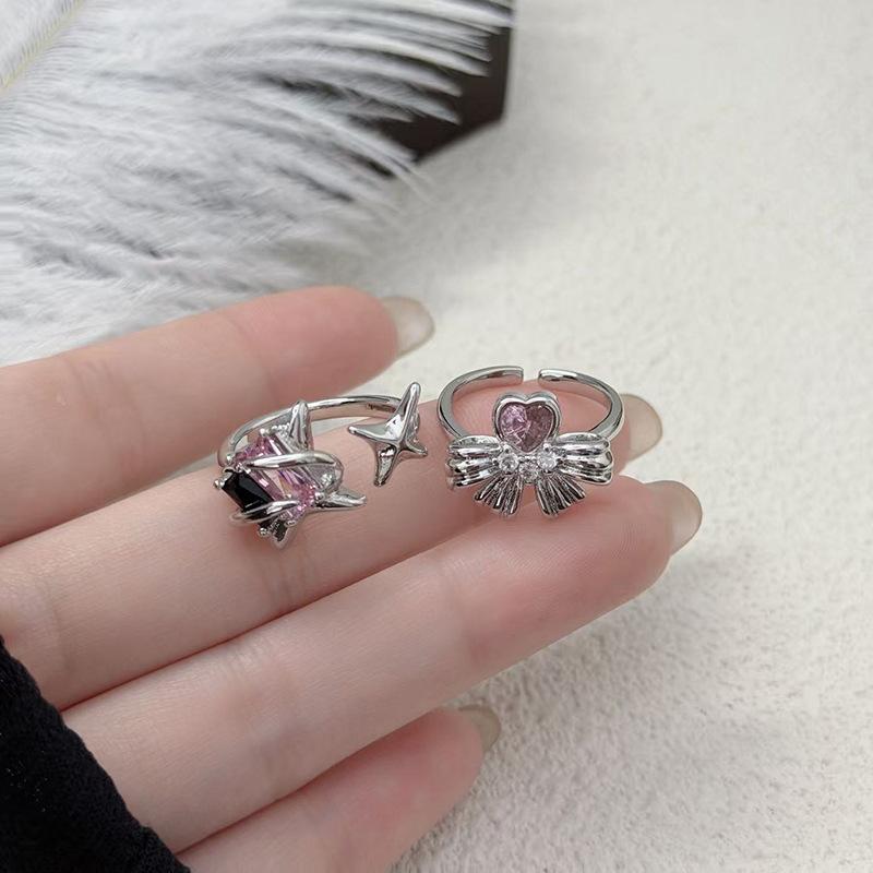 Color Zircon Bow Love Open Ring Women'S Light Luxury Fashion Niche Sweet And Cool Design Sense Tetragonal Star Ring