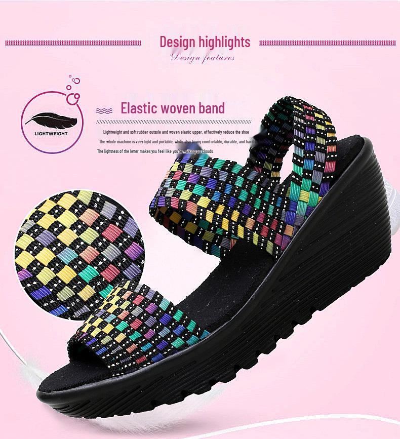 Damen-Sandalen mit gewebtem Elastikband - Frühling/Sommer 2020, Rutschfeste flache Schuhe mit niedrigem Keilabsatz, Komfort-Tanzschuhe