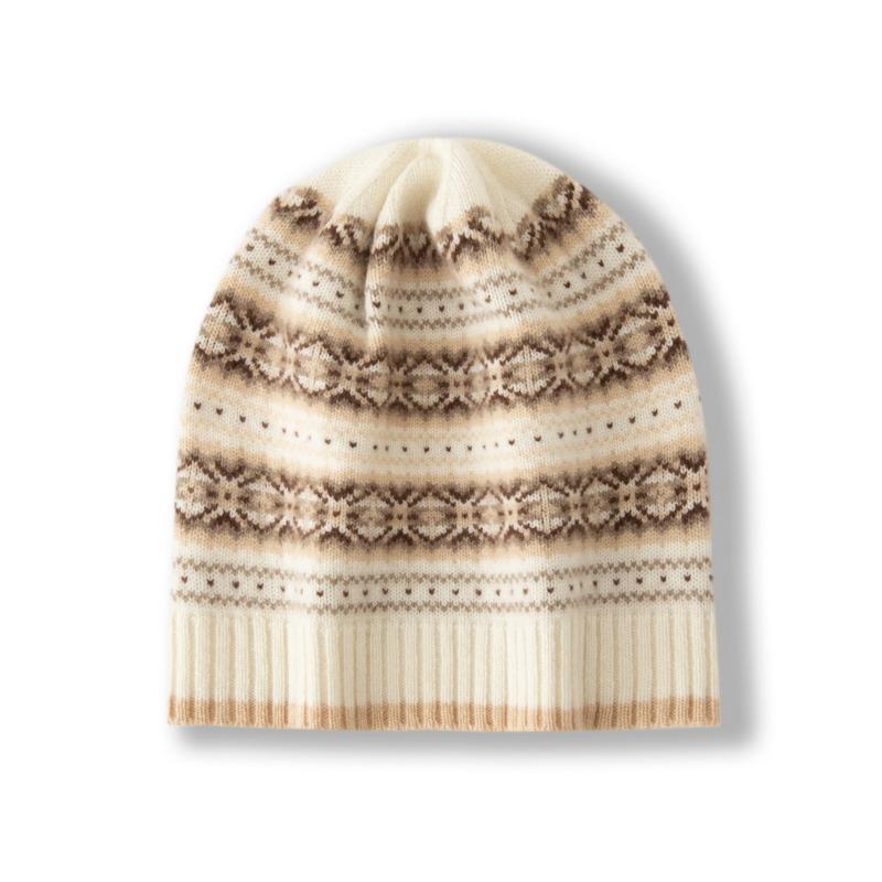 Women 100% Pure Cashmere Beanie Hat Fair Isle Knit Pattern Winter Warm Soft Slouchy Skullies Cap Cold Weather Accessory