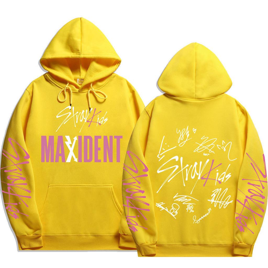 Sweat à capuche signature Stray Kids MAXIDENT Imprimés scriptés Stray Kids et au dos Stray Kids avec les signatures des 8 membres, Pullovers surdimensionnés pour fans de K-Pop
