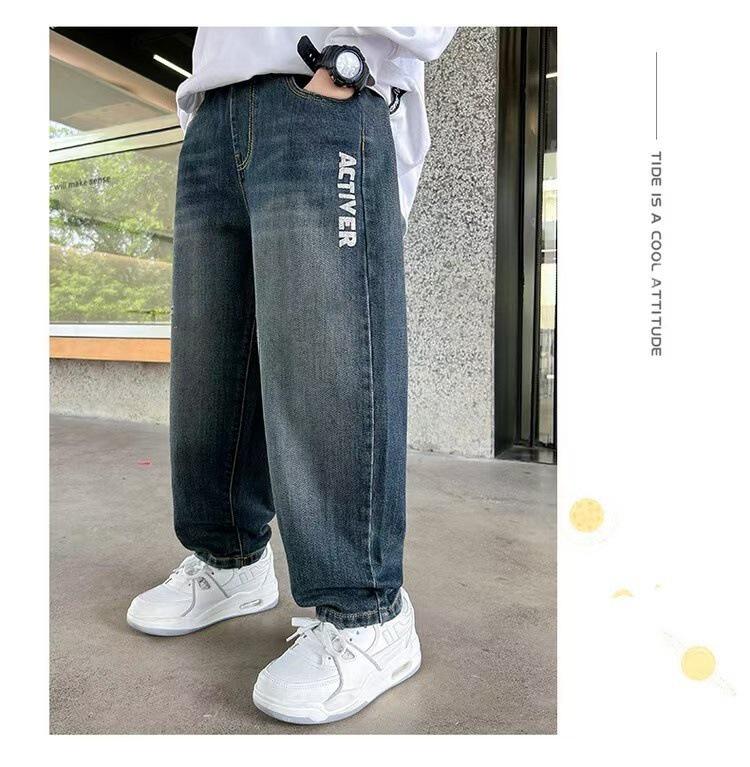 Boys' Velvet-Lined Jeans for Autumn/Winter - Medium/Large Children's One-Piece Long Pants