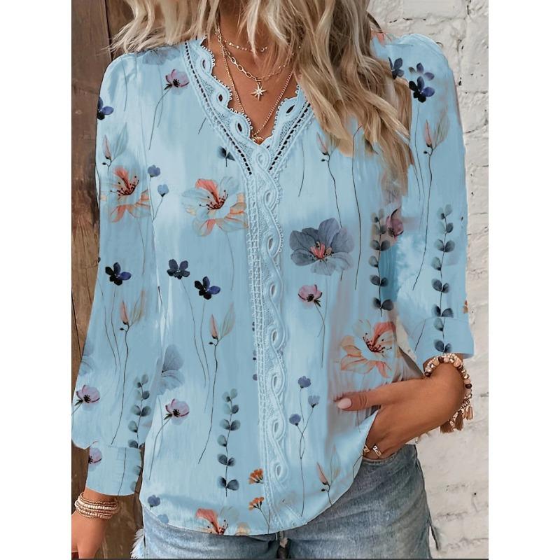 VEZFAA Women's Fashion Casual Spring Autumn Flower Pattern Print Long Sleeve Lace V-Neck Pullovers & Long Sleeves