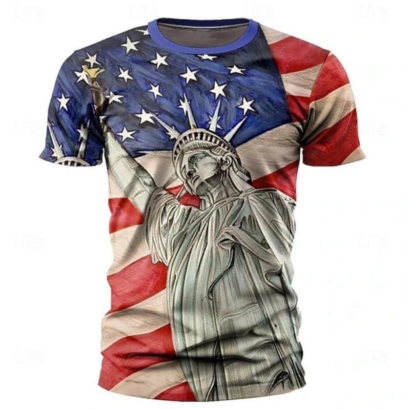 Men's Retro Flag Printed T-shirt 3D Skull Round Neck Short Sleeve Casual Breathable Top Hot