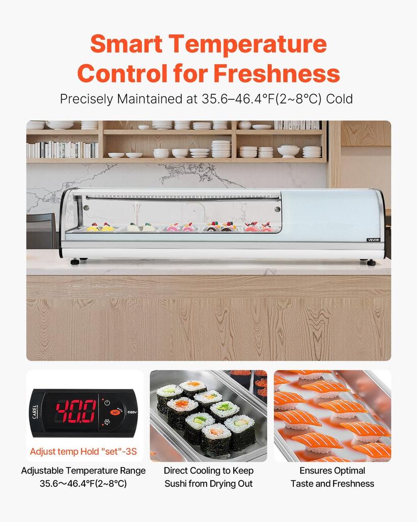 Sushi Display Case Refrigerator, 52L Commercial Sushi Case, 5-Pan Countertop Showcase with Curved Glass, LED Lighting, and Digital Temperature