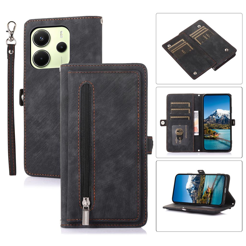 For Xiaomi Redmi Note 14 4G (163.25mm) Case Zipper Pocket 9 Card Slots PU Leather Phone Cover with Wrist