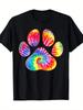Tie Dye Paw Print Graphic Tee Breathable Cotton Casual Short Sleeve TShirt for Dog Lovers